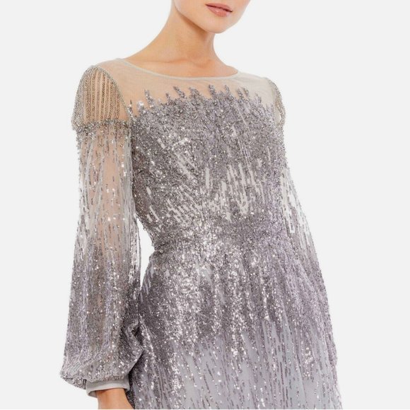 NWT $798 Mac Duggal [ 22 ] Jewel Encrusted Illusion Long Sleeve A-Line Gown Sive - Picture 2 of 16